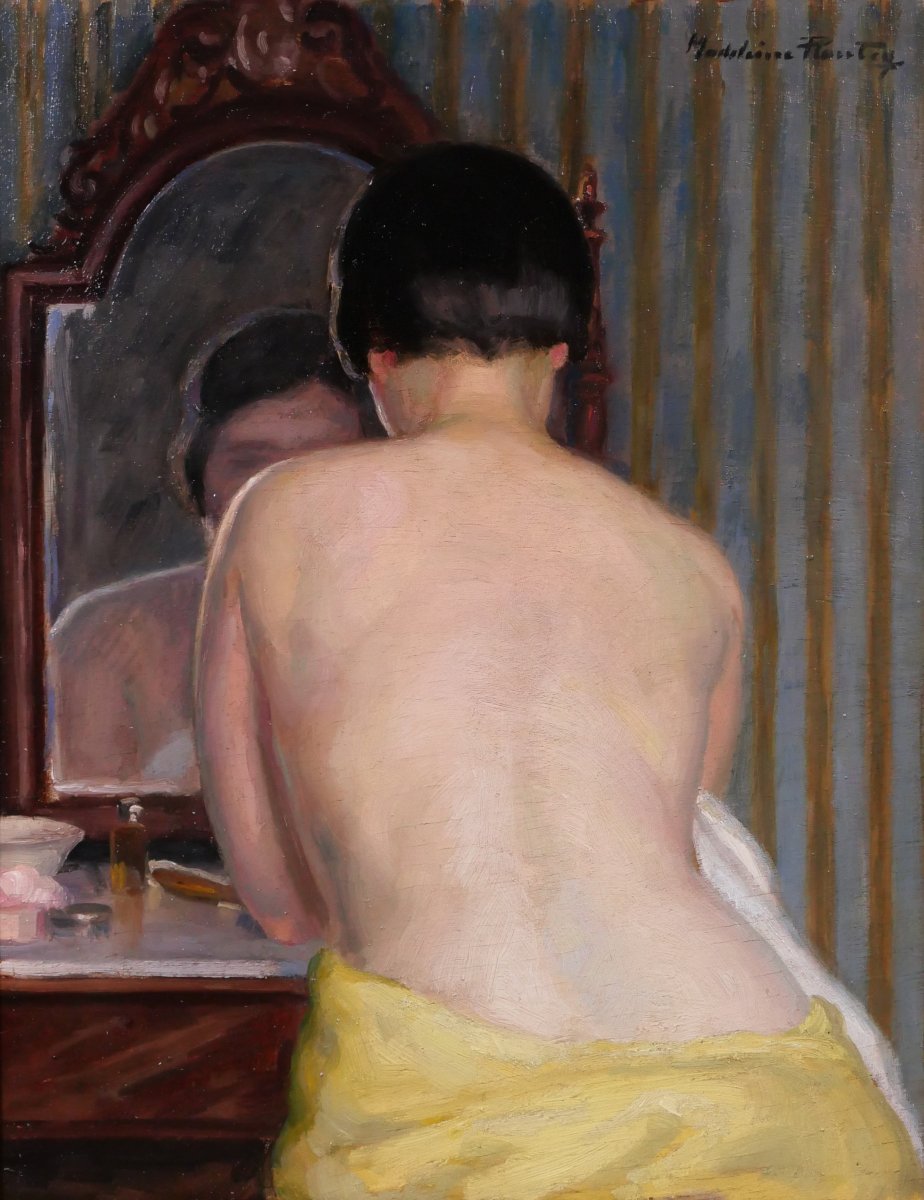 Madeleine Plantey 1890–1985 Nude Woman Dressing In Front Of A Mirror, Painting, C 1930 Art Deco