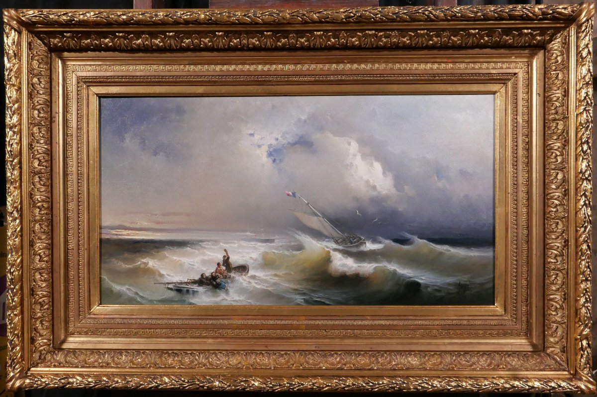 Paul Angé, 19th–20th C. The Shipwreck, Seascape, Painting 1870 Boat Harbor Sea Romanticism-photo-2