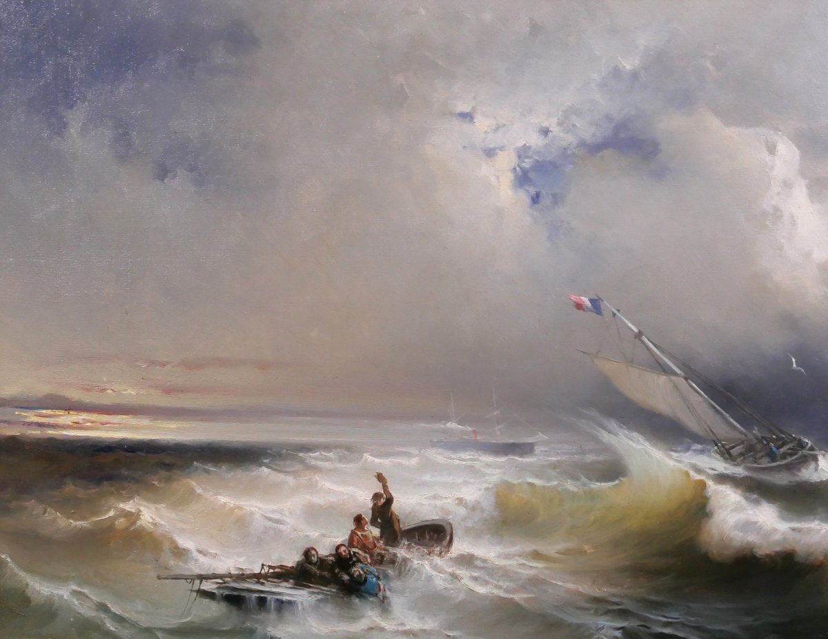 Paul Angé, 19th–20th C. The Shipwreck, Seascape, Painting 1870 Boat Harbor Sea Romanticism-photo-3
