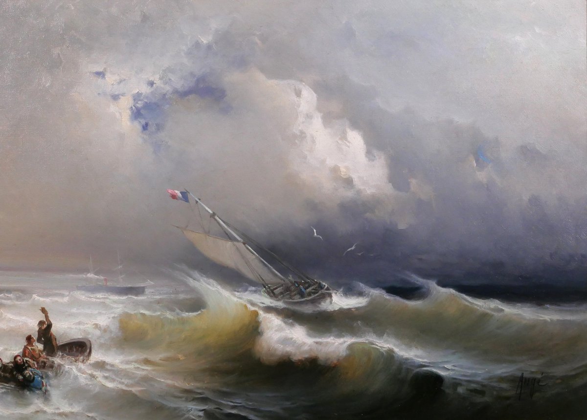 Paul Angé, 19th–20th C. The Shipwreck, Seascape, Painting 1870 Boat Harbor Sea Romanticism-photo-4