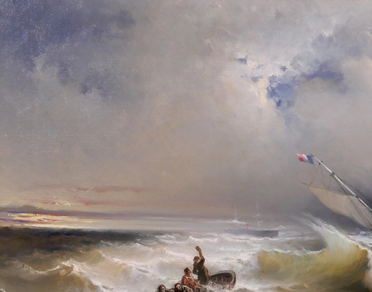 Paul Angé, 19th–20th C. The Shipwreck, Seascape, Painting 1870 Boat Harbor Sea Romanticism-photo-1