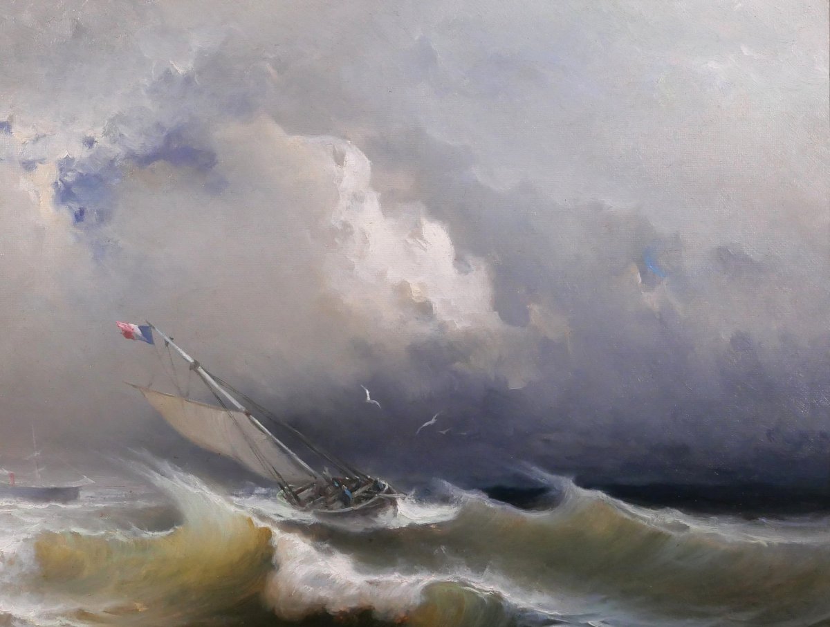 Paul Angé, 19th–20th C. The Shipwreck, Seascape, Painting 1870 Boat Harbor Sea Romanticism-photo-2