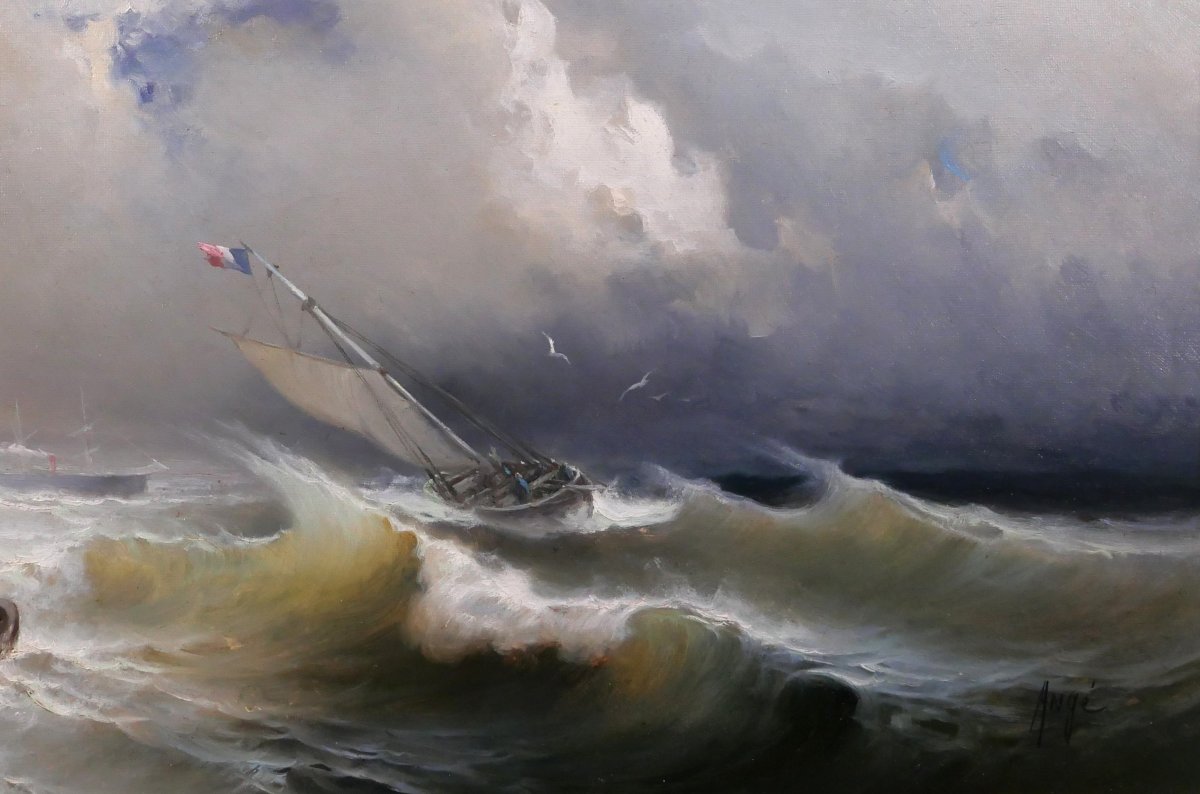 Paul Angé, 19th–20th C. The Shipwreck, Seascape, Painting 1870 Boat Harbor Sea Romanticism-photo-3