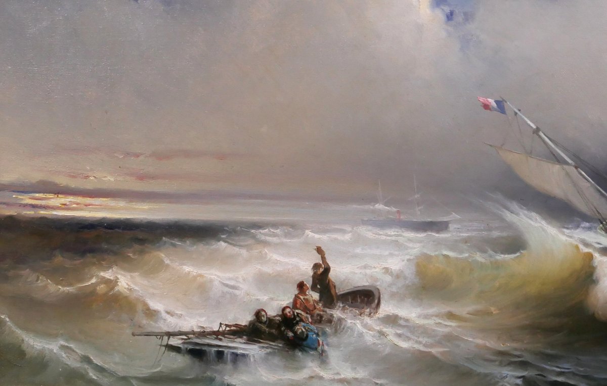 Paul Angé, 19th–20th C. The Shipwreck, Seascape, Painting 1870 Boat Harbor Sea Romanticism-photo-4