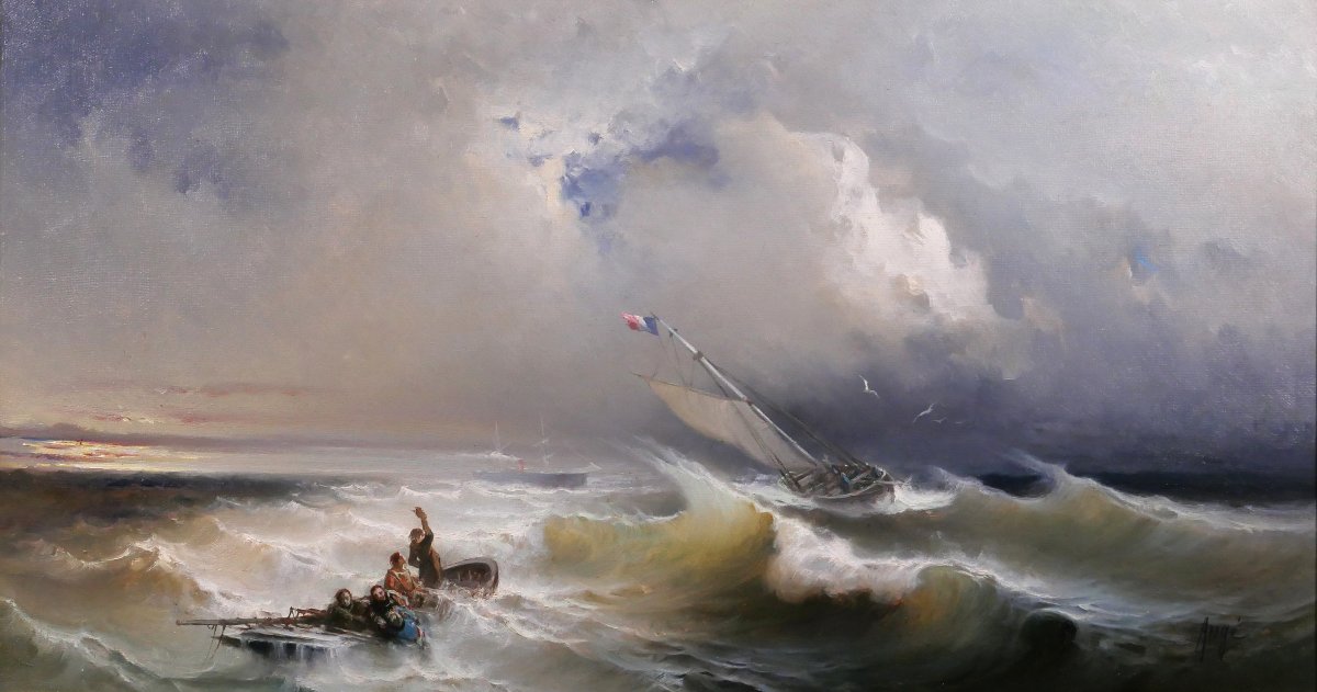 Paul Angé, 19th–20th C. The Shipwreck, Seascape, Painting 1870 Boat Harbor Sea Romanticism
