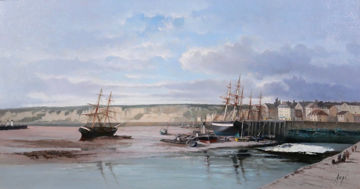 Paul Angé, 19th–20th Centuries, Normandy, Dieppe, Le Pollet, Landscape, Painting Circa 1870, Boat, Harbor-photo-2