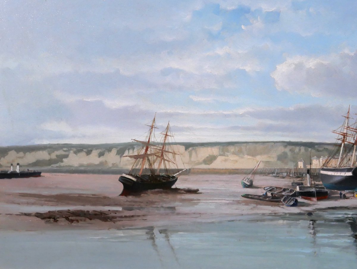 Paul Angé, 19th–20th Centuries, Normandy, Dieppe, Le Pollet, Landscape, Painting Circa 1870, Boat, Harbor-photo-3