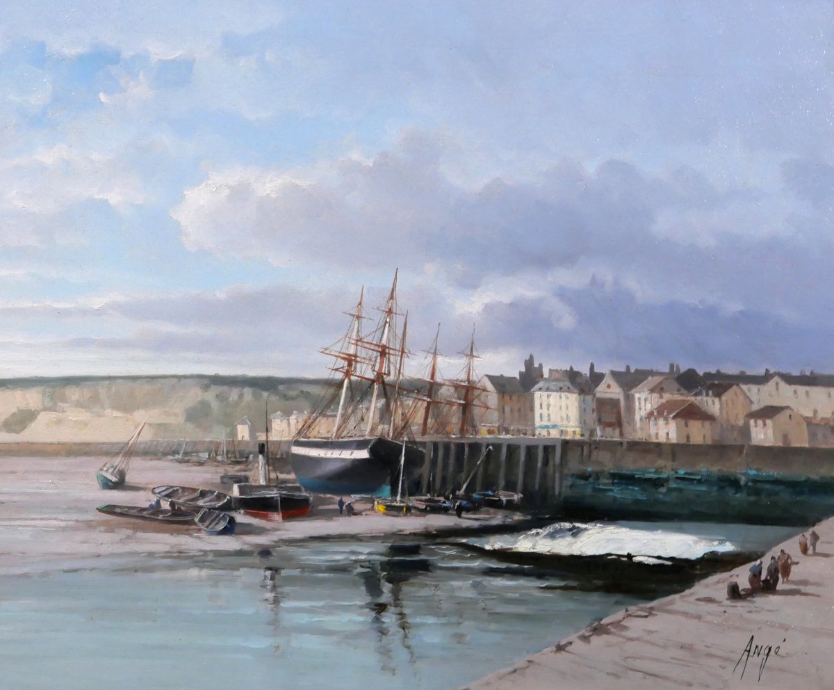 Paul Angé, 19th–20th Centuries, Normandy, Dieppe, Le Pollet, Landscape, Painting Circa 1870, Boat, Harbor-photo-4