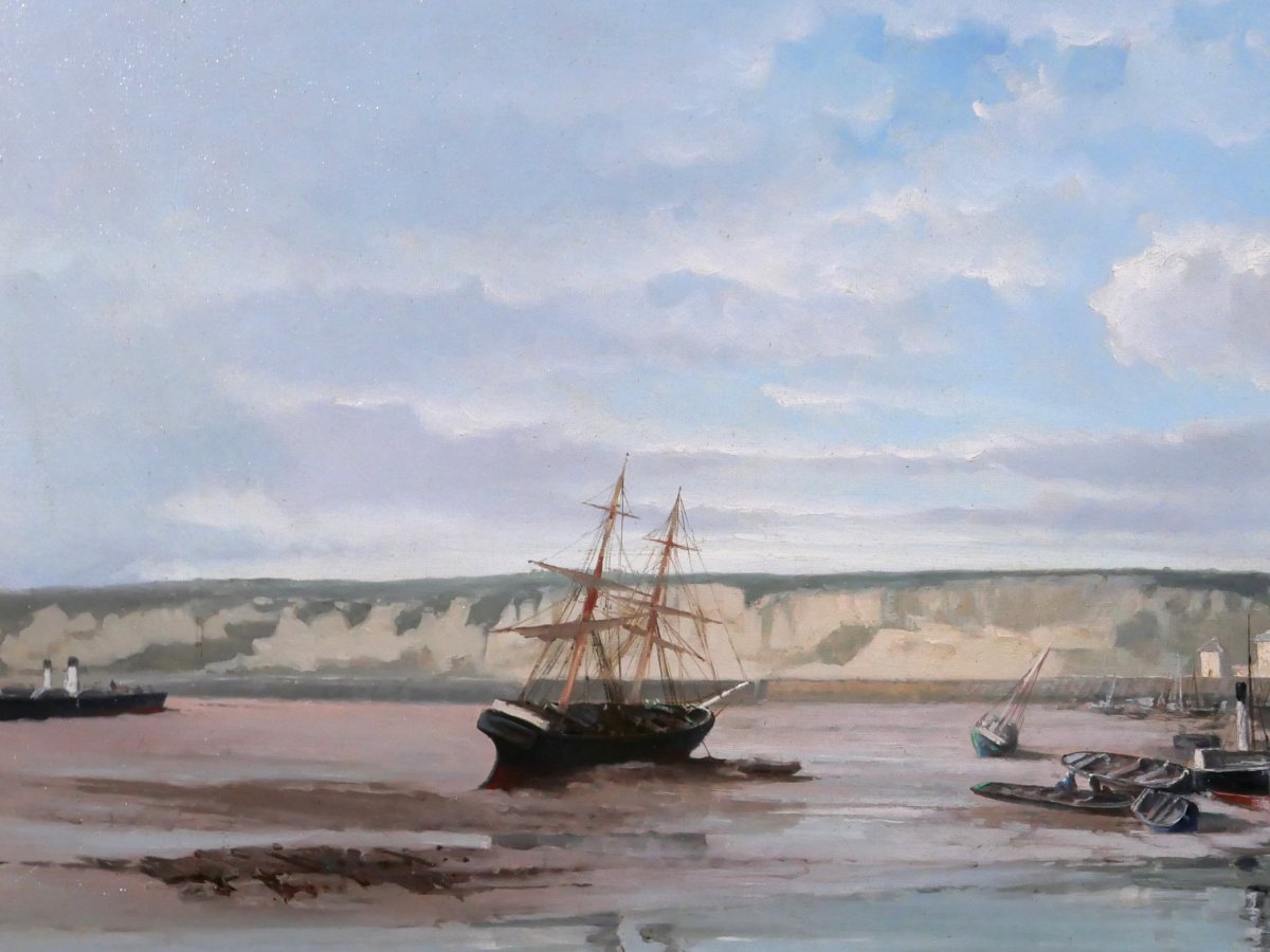 Paul Angé, 19th–20th Centuries, Normandy, Dieppe, Le Pollet, Landscape, Painting Circa 1870, Boat, Harbor-photo-1