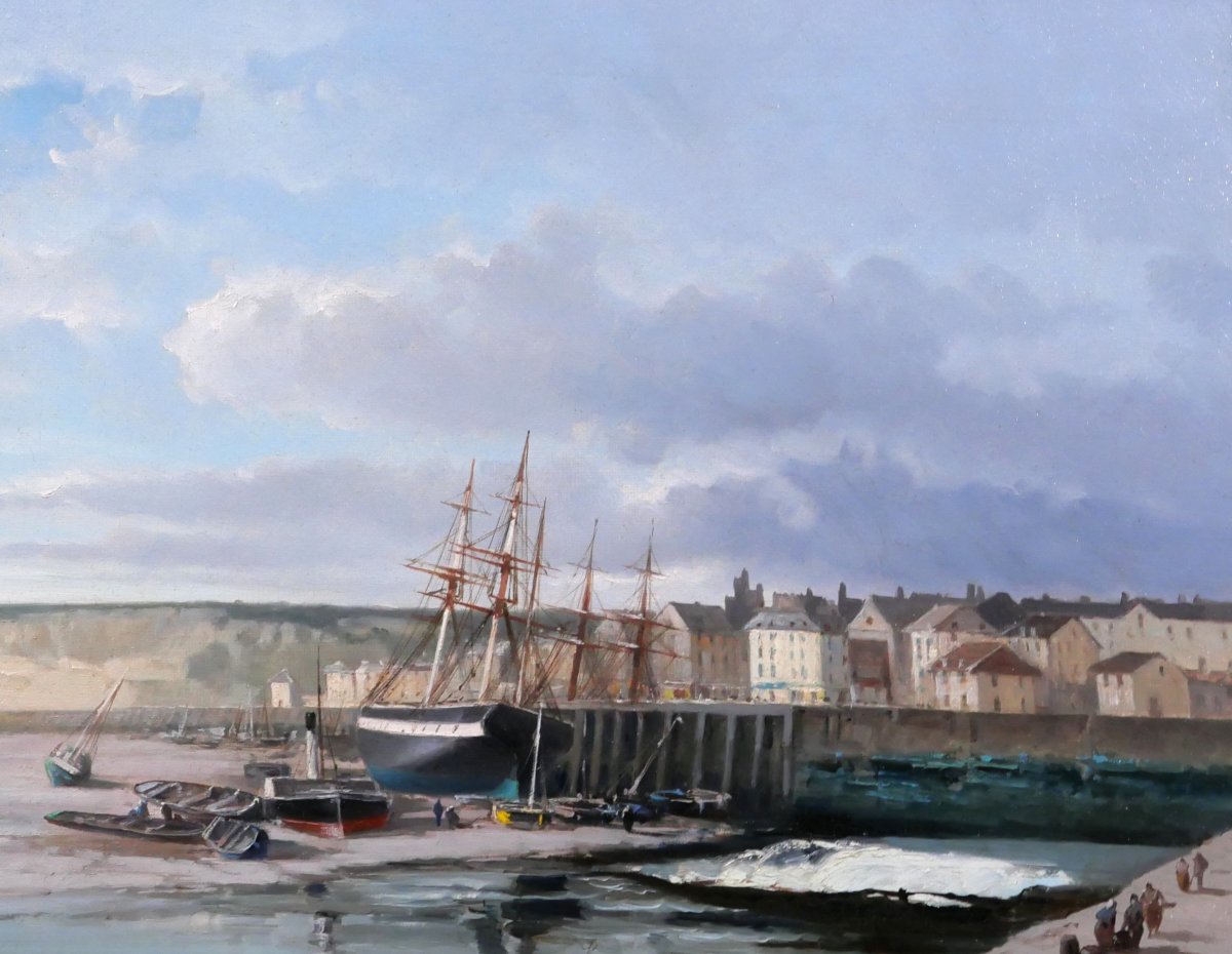 Paul Angé, 19th–20th Centuries, Normandy, Dieppe, Le Pollet, Landscape, Painting Circa 1870, Boat, Harbor-photo-2