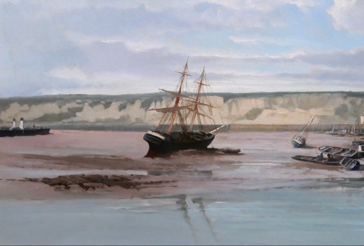 Paul Angé, 19th–20th Centuries, Normandy, Dieppe, Le Pollet, Landscape, Painting Circa 1870, Boat, Harbor-photo-4