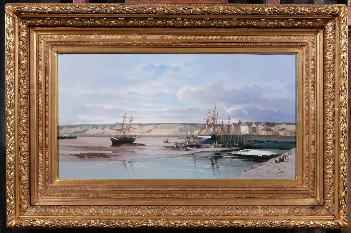 Paul Angé, 19th–20th Centuries, Normandy, Dieppe, Le Pollet, Landscape, Painting Circa 1870, Boat, Harbor