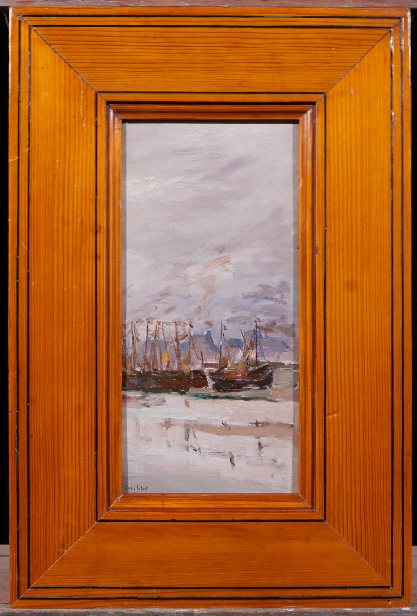 Eugen STIBBE 1868-1921 Bateau au port, tableau vers 1900 marine impressionnisme-photo-2