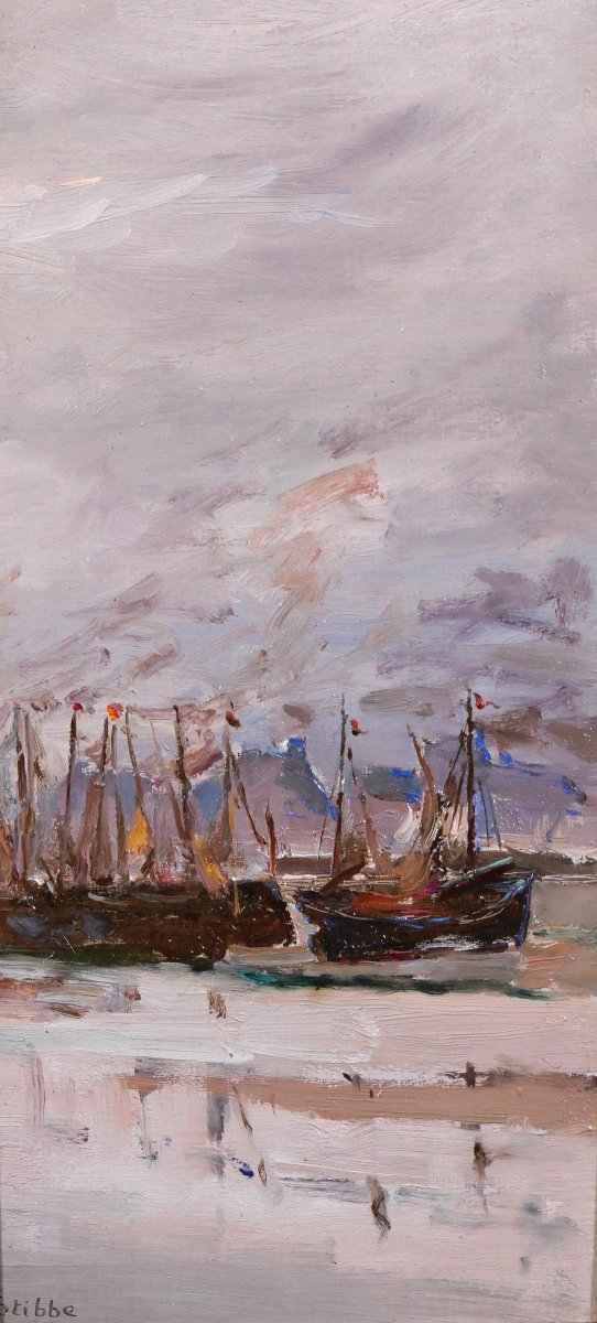 Eugen STIBBE 1868-1921 Bateau au port, tableau vers 1900 marine impressionnisme