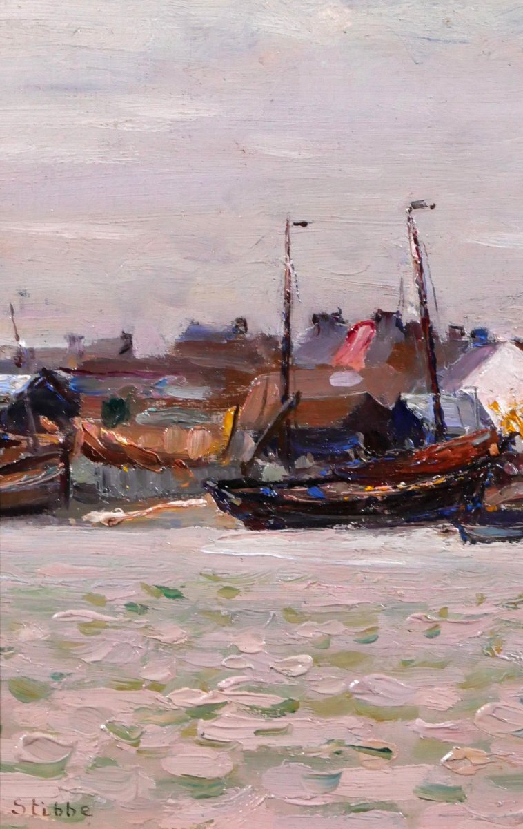 Eugen STIBBE 1868-1921 Bateau au port, tableau vers 1900 marine impressionnisme-photo-4