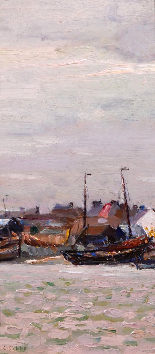 Eugen STIBBE 1868-1921 Bateau au port, tableau vers 1900 marine impressionnisme