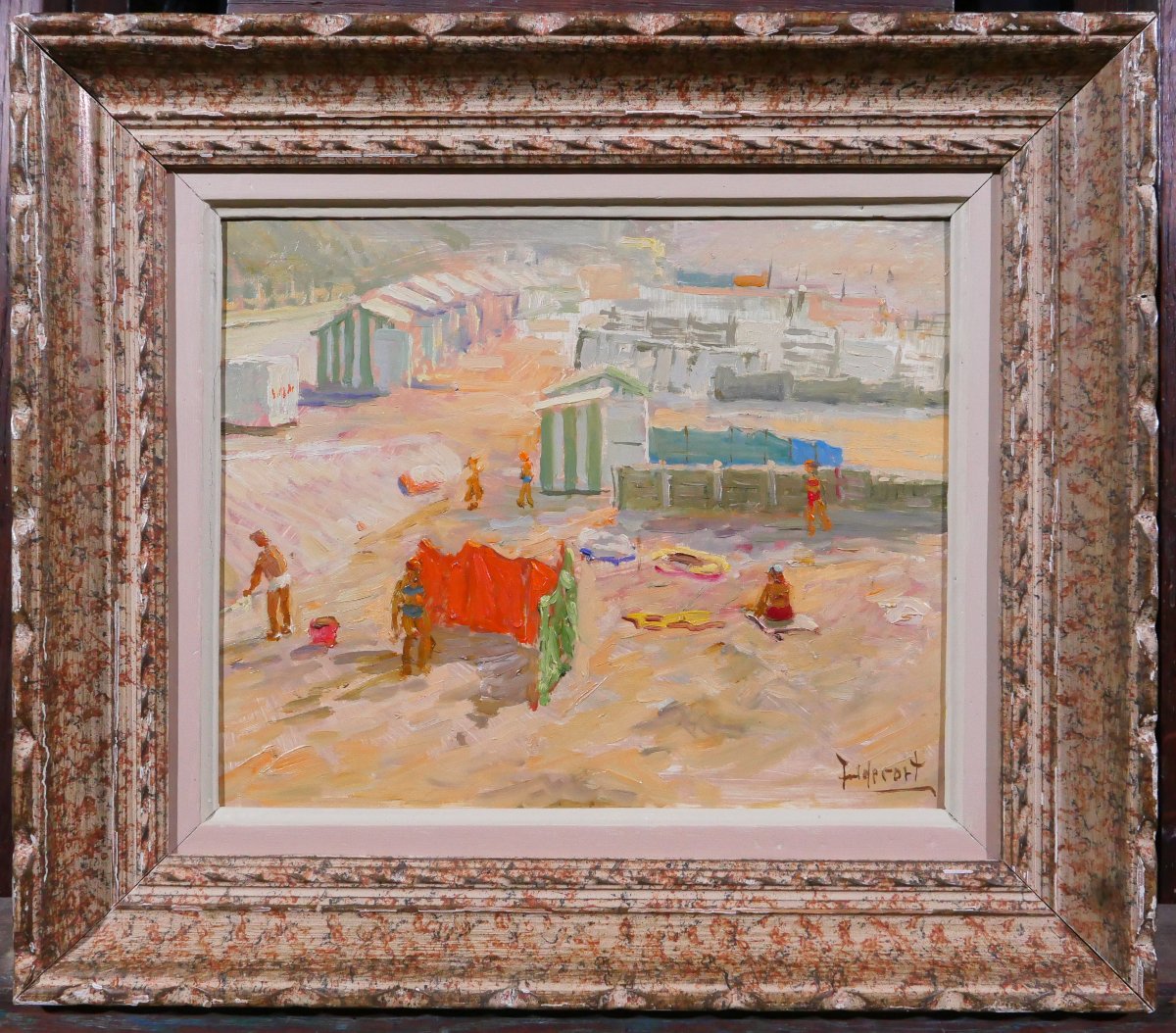 Jules De Cort 1918-1999 Plage animée, tableau vers 1950-60 mer paysage-photo-2