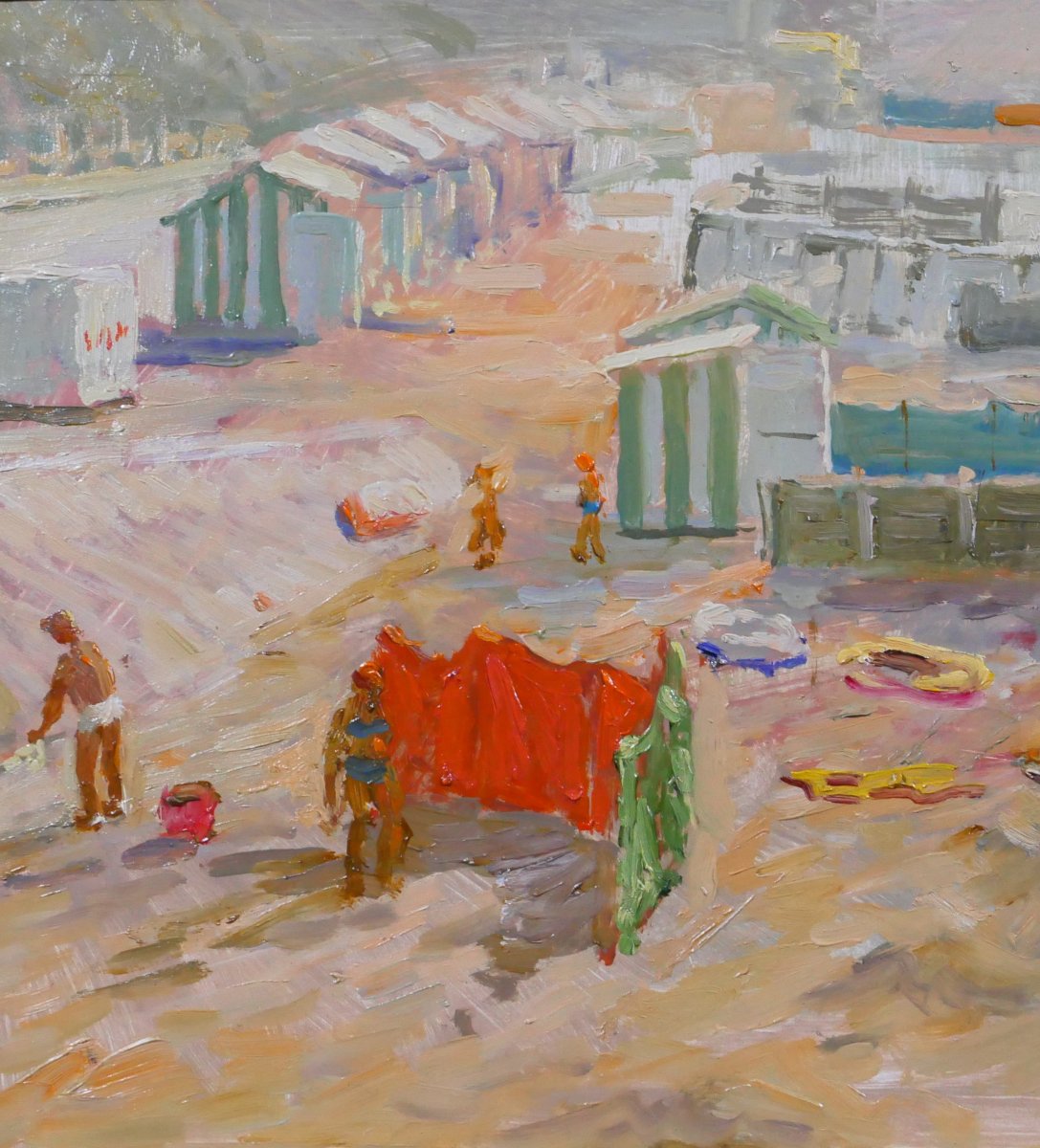 Jules De Cort 1918-1999 Plage animée, tableau vers 1950-60 mer paysage-photo-3