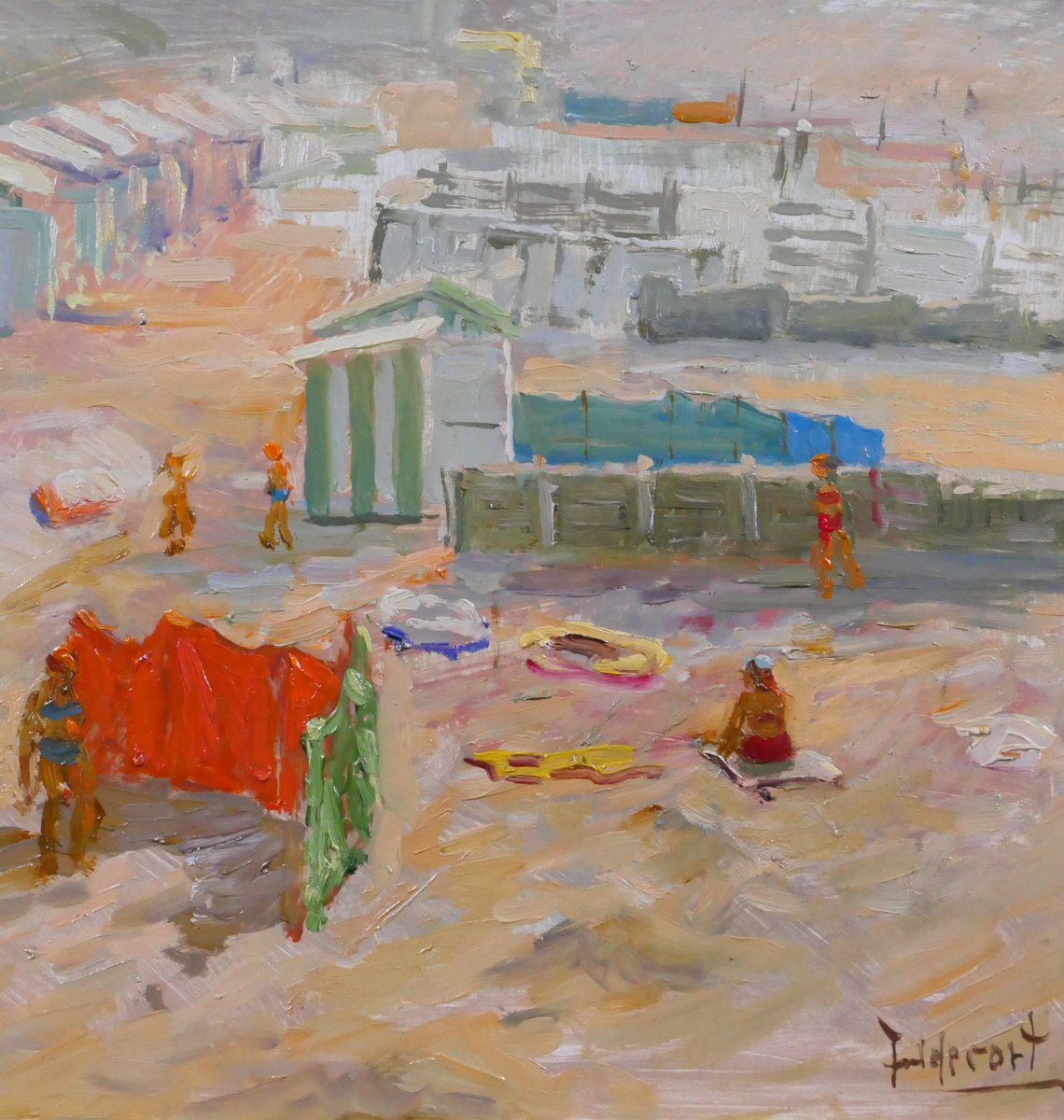 Jules De Cort 1918-1999 Plage animée, tableau vers 1950-60 mer paysage-photo-4