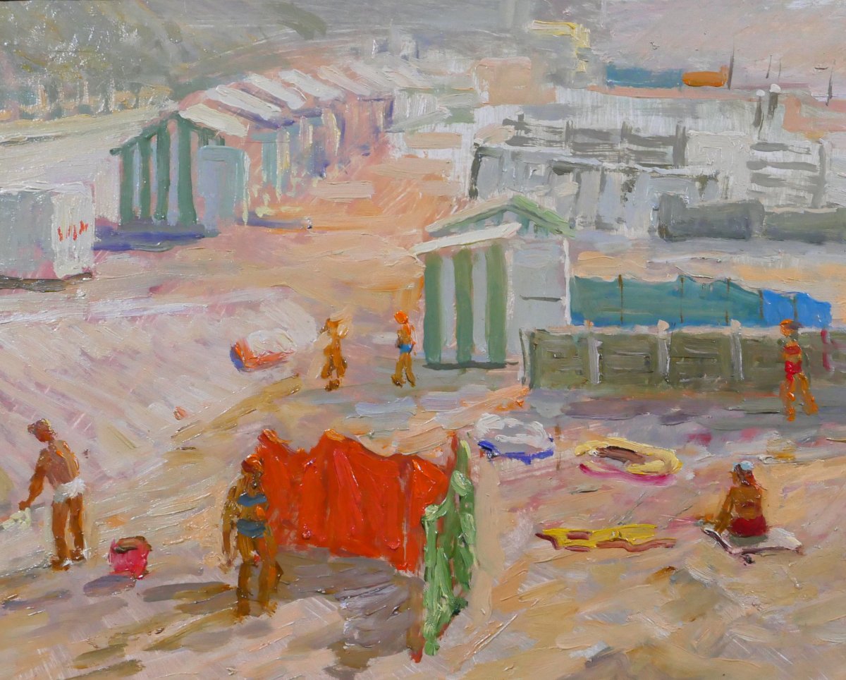 Jules De Cort 1918-1999 Plage animée, tableau vers 1950-60 mer paysage-photo-1
