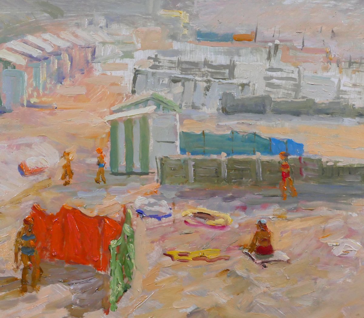 Jules De Cort 1918-1999 Plage animée, tableau vers 1950-60 mer paysage-photo-2