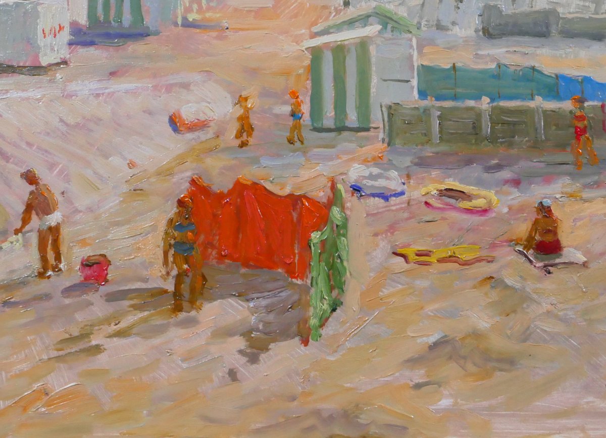 Jules De Cort 1918-1999 Plage animée, tableau vers 1950-60 mer paysage-photo-4