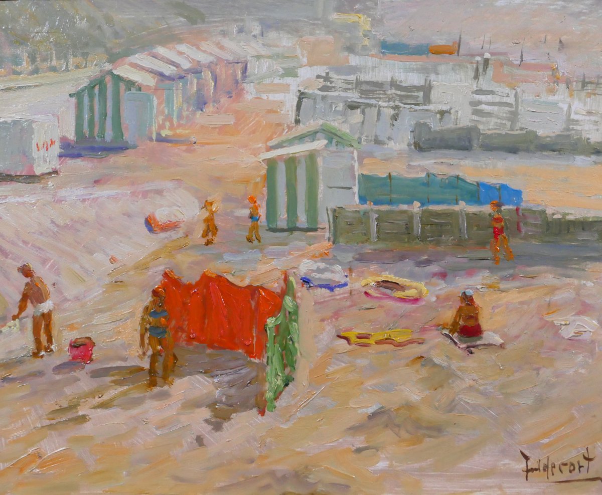 Jules De Cort 1918-1999 Plage animée, tableau vers 1950-60 mer paysage