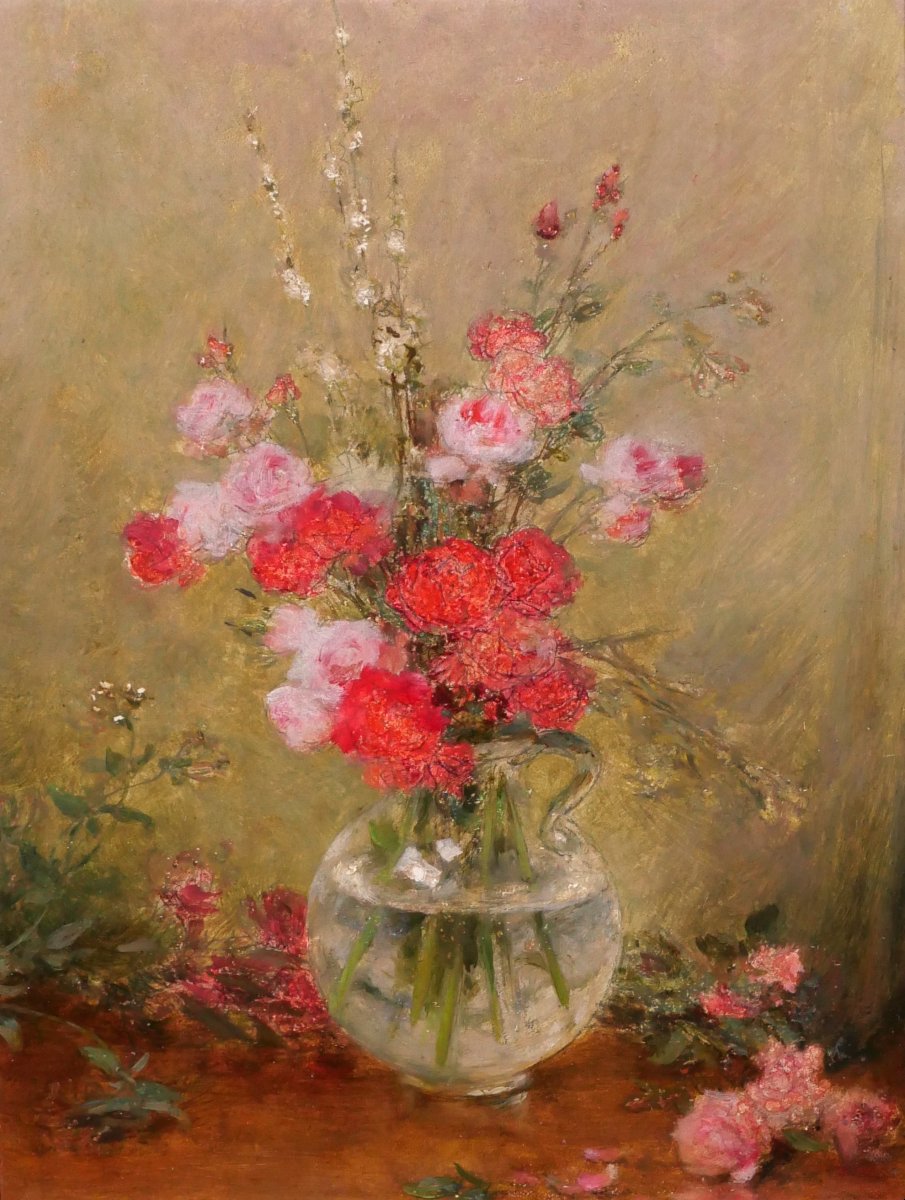 Gustave BIENVETU 1850-1916 Bouquet de roses, tableau, fleurs, vers 1910 jardin impressionnisme