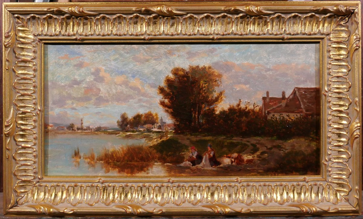 Emile LAMBINET 1815-1877 Paysage aux lavandières, effet du soir, tableau Barbizon Versailles-photo-2