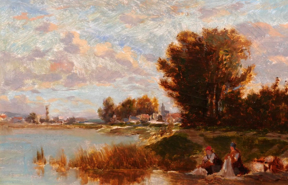 Emile LAMBINET 1815-1877 Paysage aux lavandières, effet du soir, tableau Barbizon Versailles-photo-3