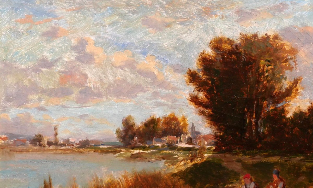 Emile LAMBINET 1815-1877 Paysage aux lavandières, effet du soir, tableau Barbizon Versailles-photo-1