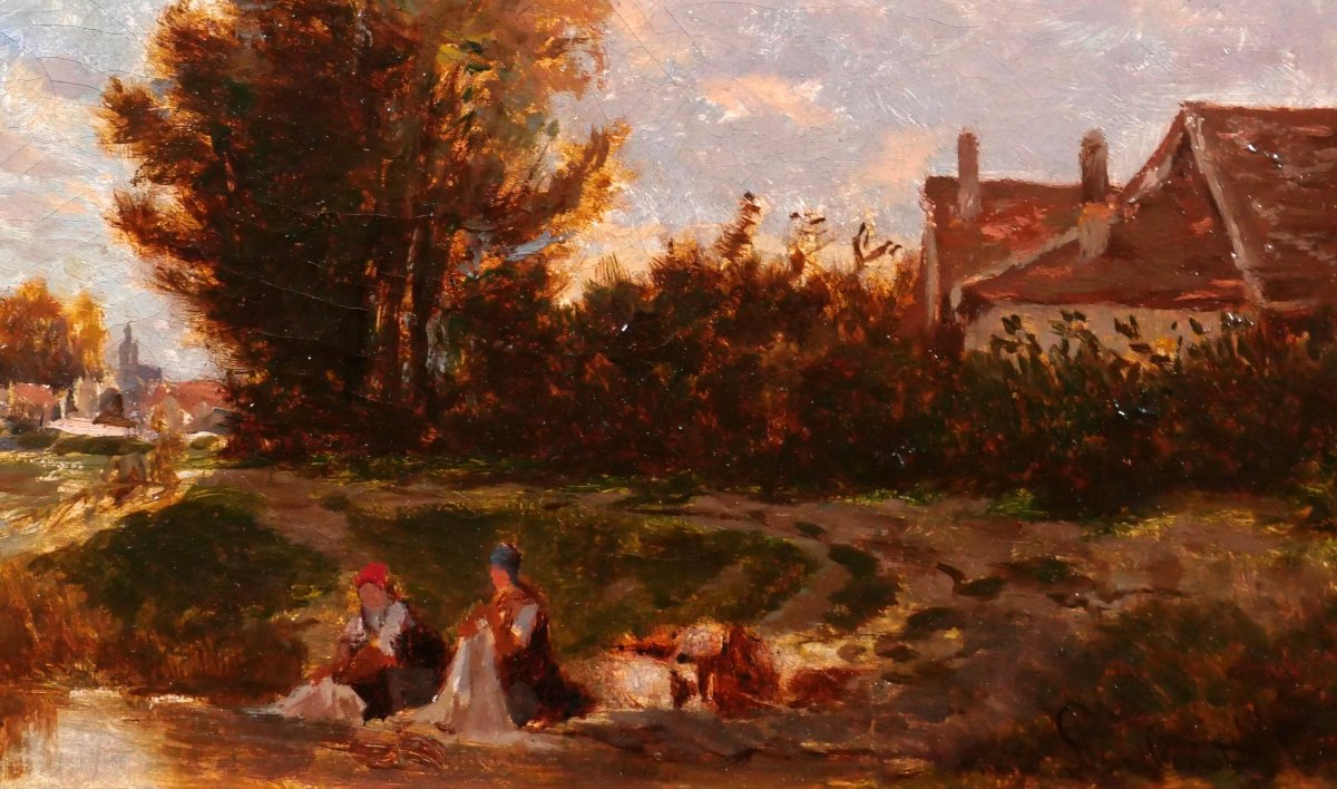 Emile LAMBINET 1815-1877 Paysage aux lavandières, effet du soir, tableau Barbizon Versailles-photo-3