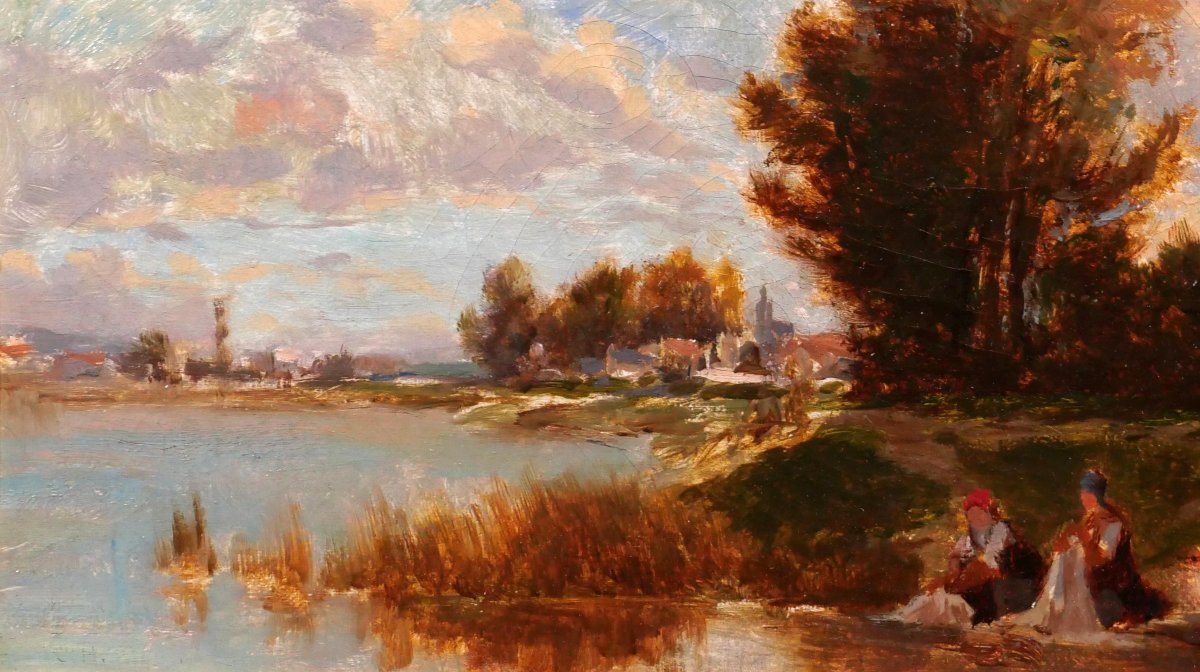 Emile LAMBINET 1815-1877 Paysage aux lavandières, effet du soir, tableau Barbizon Versailles-photo-4