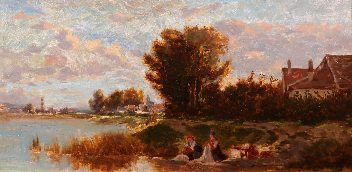 Emile LAMBINET 1815-1877 Paysage aux lavandières, effet du soir, tableau Barbizon Versailles
