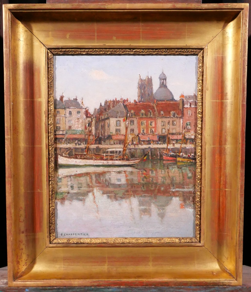 Georges CHARPENTIER 1866-1945 Dieppe, bateaux au port, tableau, 1936 paysage Normandie-photo-2