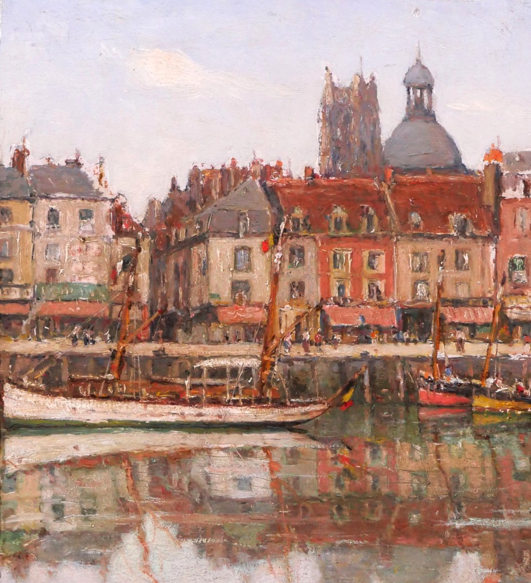 Georges CHARPENTIER 1866-1945 Dieppe, bateaux au port, tableau, 1936 paysage Normandie-photo-3