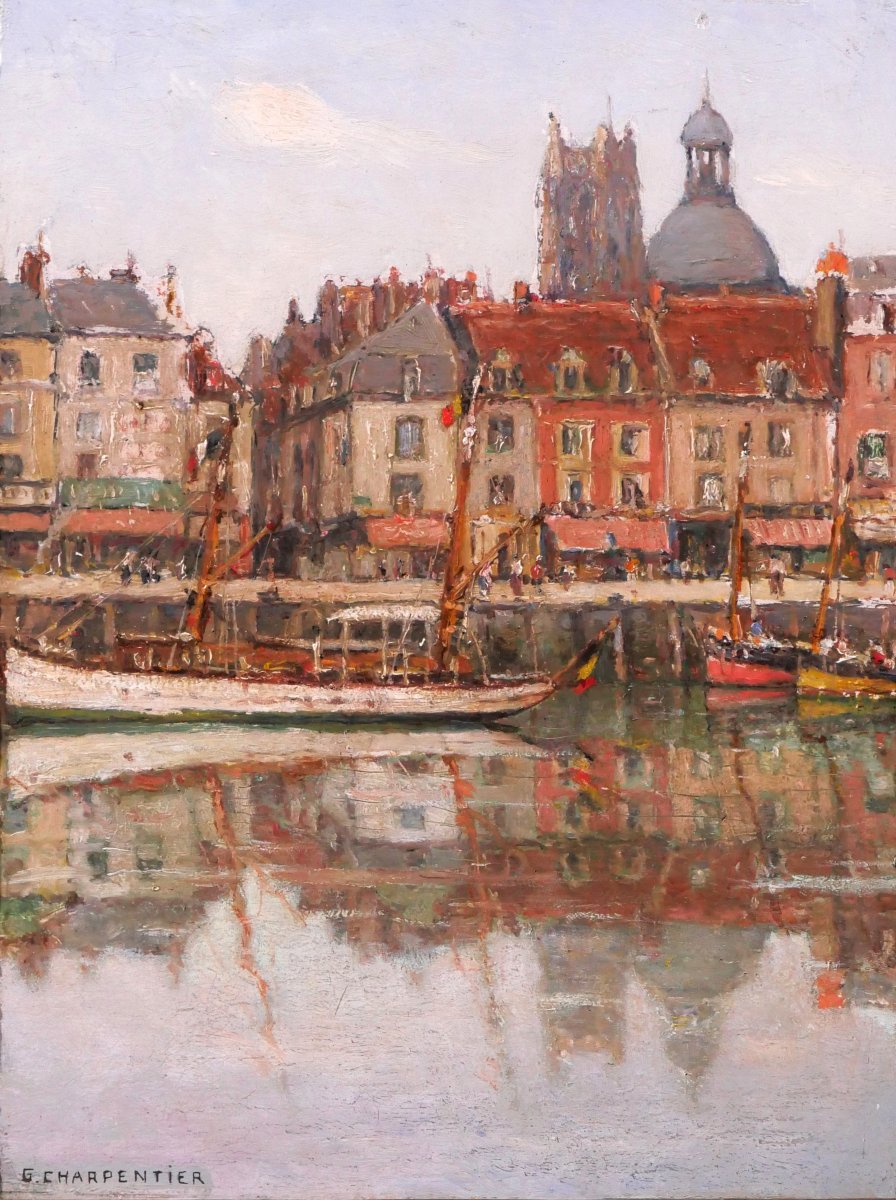 Georges CHARPENTIER 1866-1945 Dieppe, bateaux au port, tableau, 1936 paysage Normandie