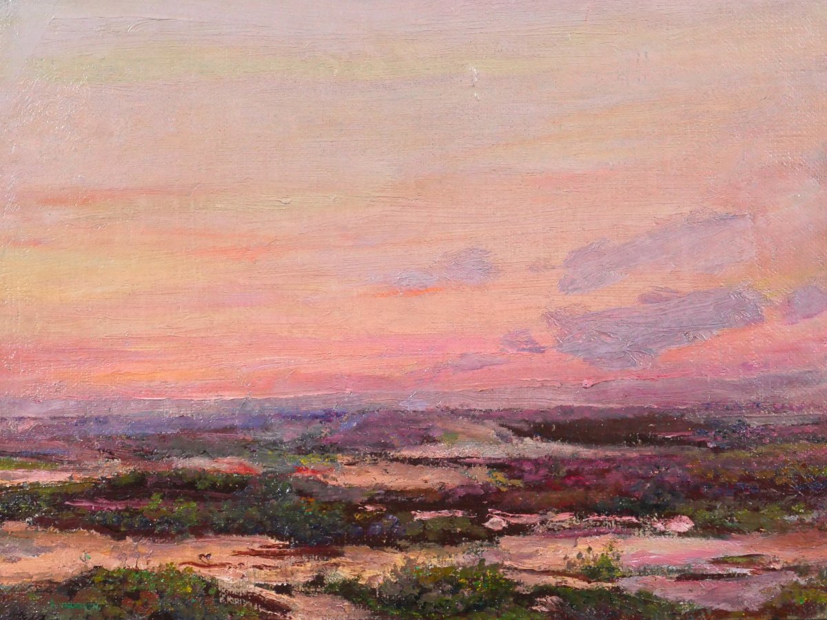 Alfons Verheyen 1903-1990 Coucher de soleil sur les dunes, tableau, vers 1930 paysage plage mer