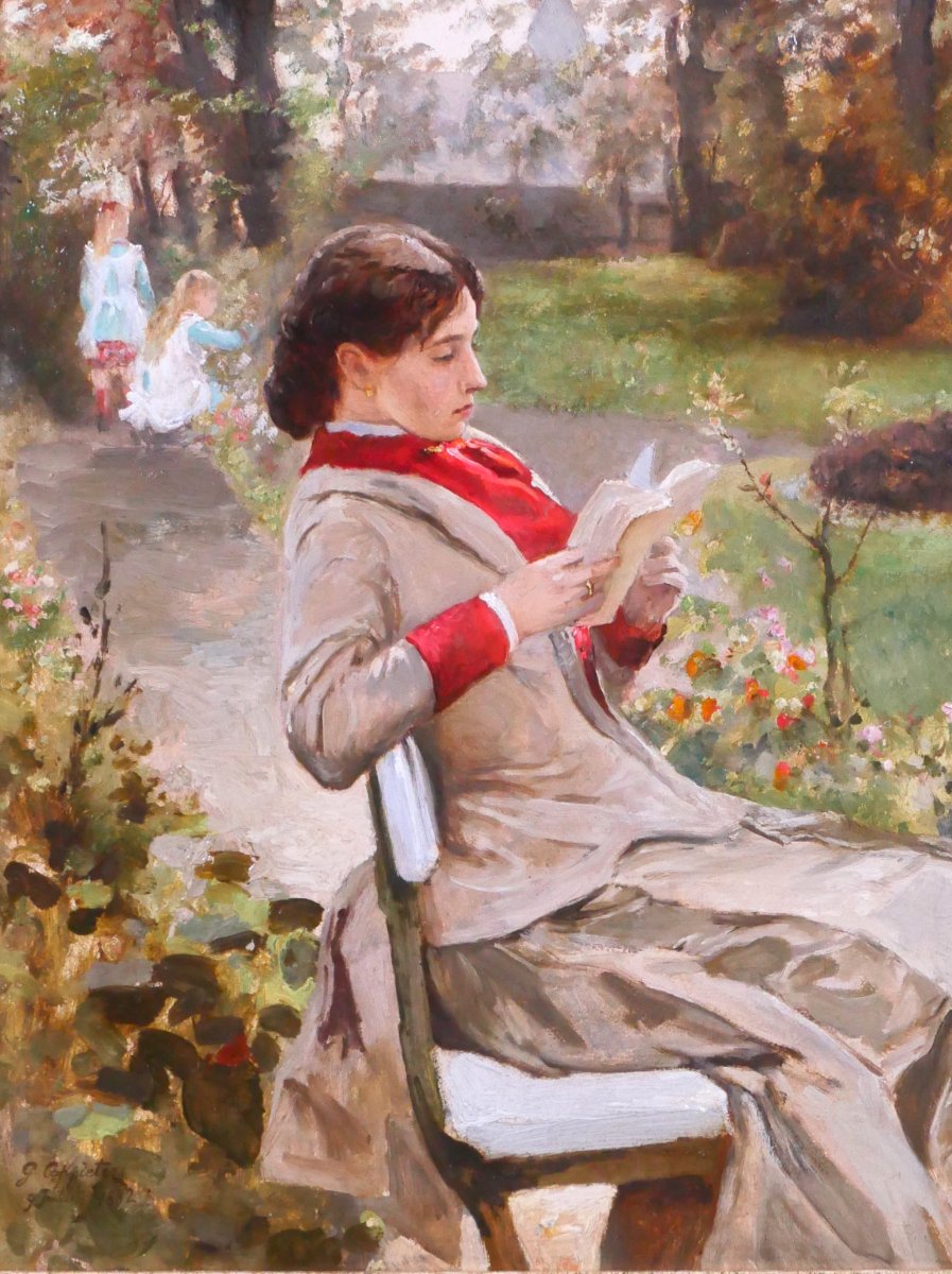 Gustave Coppieters 1840–1885 Reading In The Garden, Painting, 1882, Belgian Impressionism-photo-3