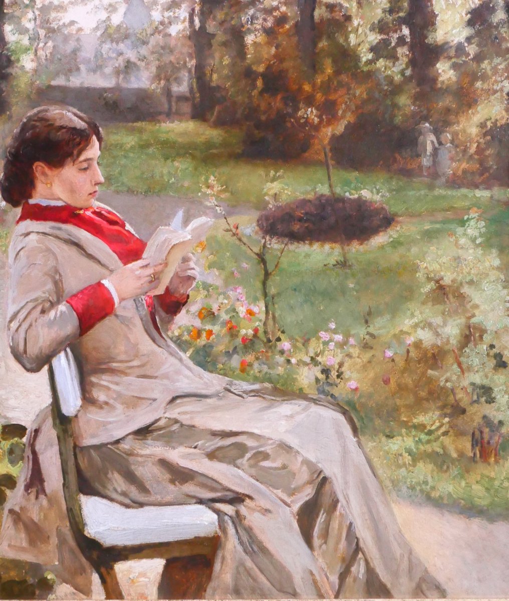Gustave Coppieters 1840–1885 Reading In The Garden, Painting, 1882, Belgian Impressionism-photo-4