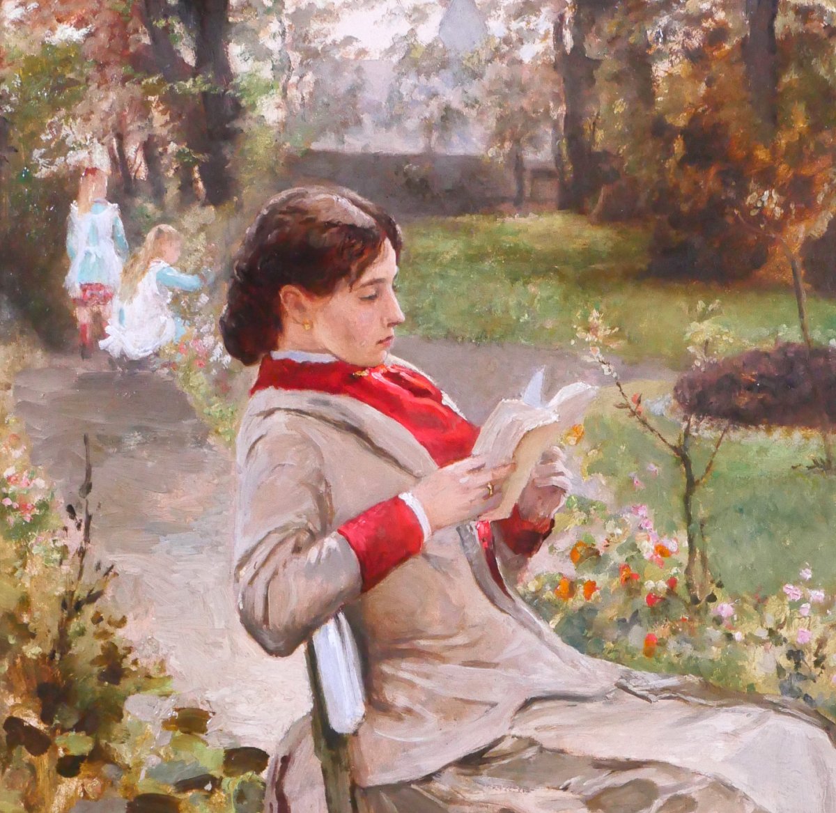 Gustave Coppieters 1840–1885 Reading In The Garden, Painting, 1882, Belgian Impressionism-photo-3