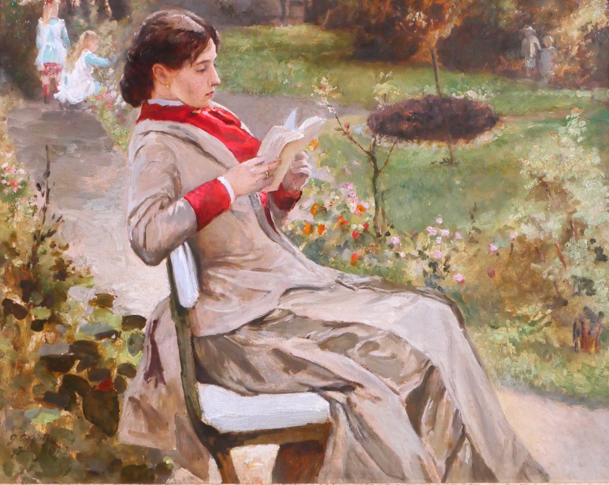 Gustave Coppieters 1840–1885 Reading In The Garden, Painting, 1882, Belgian Impressionism-photo-4