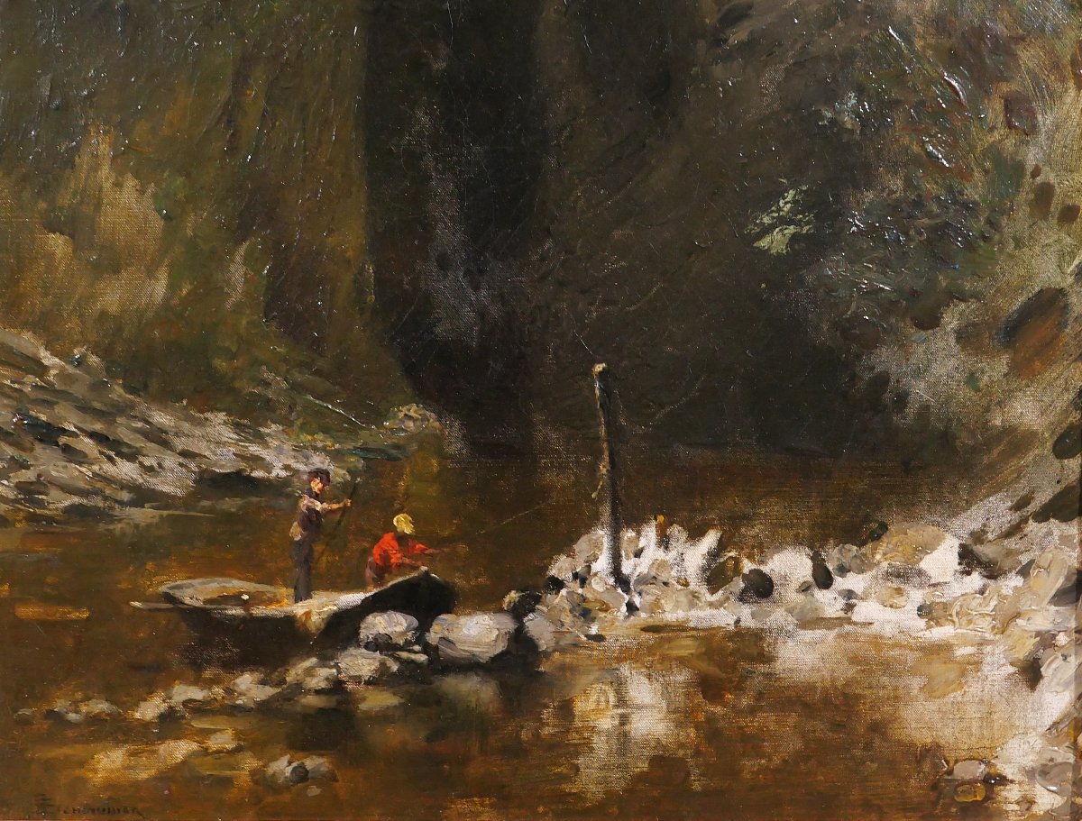 François Schommer 1850–1935 River Landscape With Fishermen, Painting, Barbizon, Circa 1900–10-photo-4