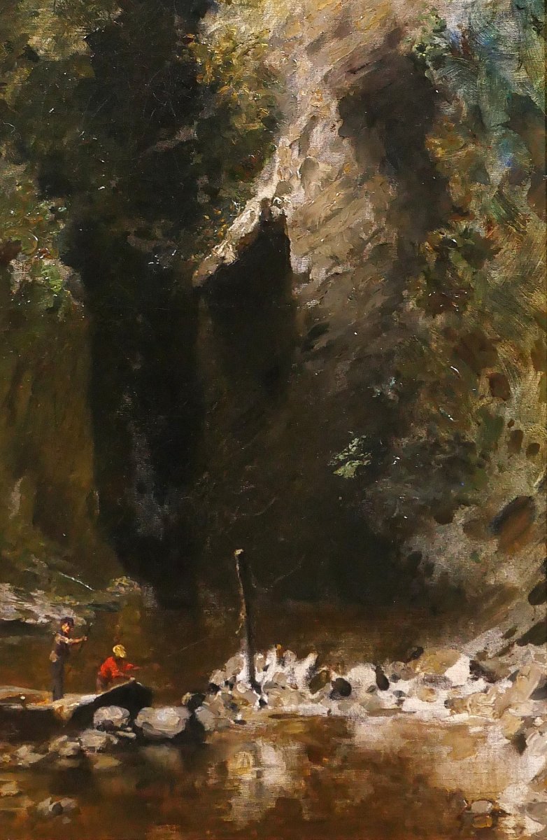 François Schommer 1850–1935 River Landscape With Fishermen, Painting, Barbizon, Circa 1900–10-photo-3