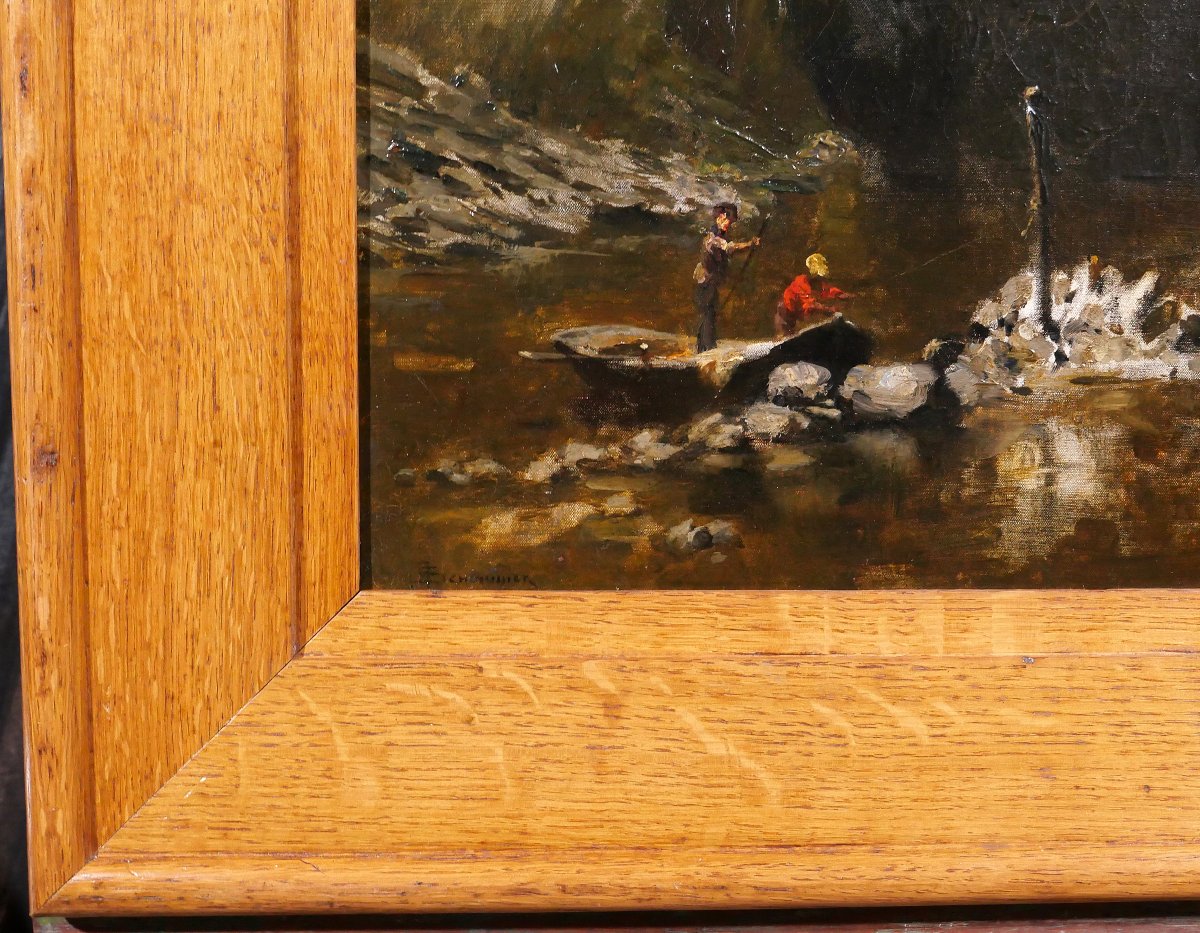 François Schommer 1850–1935 River Landscape With Fishermen, Painting, Barbizon, Circa 1900–10-photo-5
