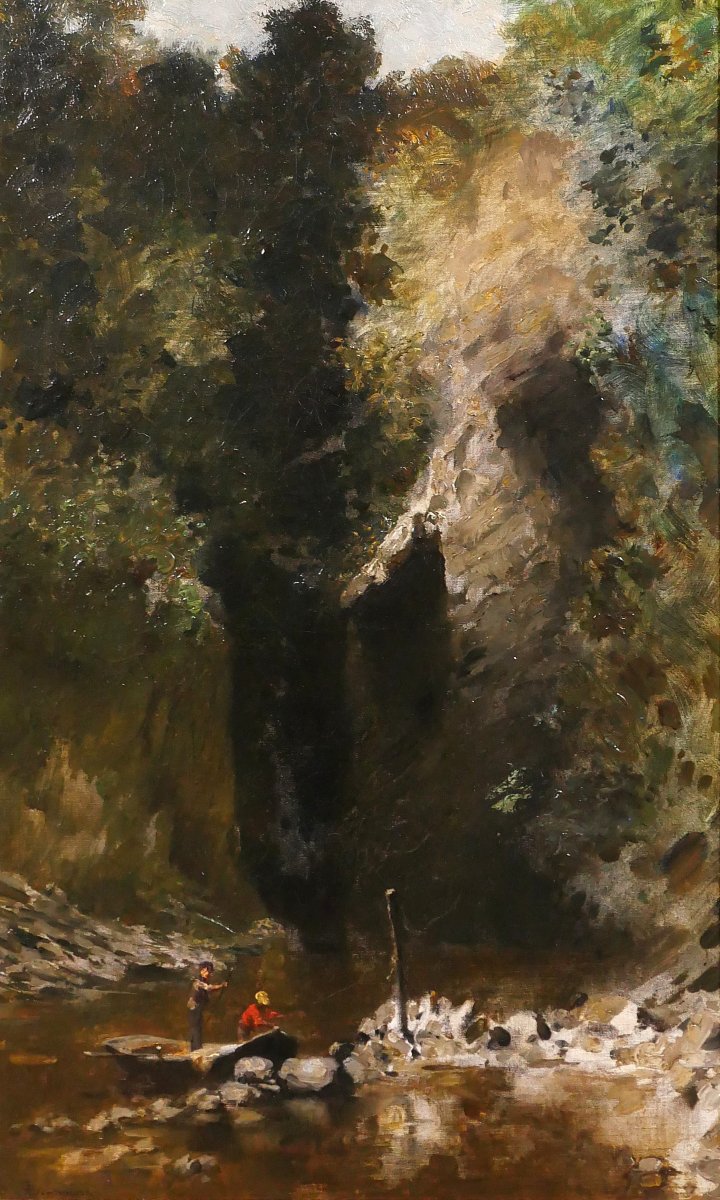 François Schommer 1850–1935 River Landscape With Fishermen, Painting, Barbizon, Circa 1900–10