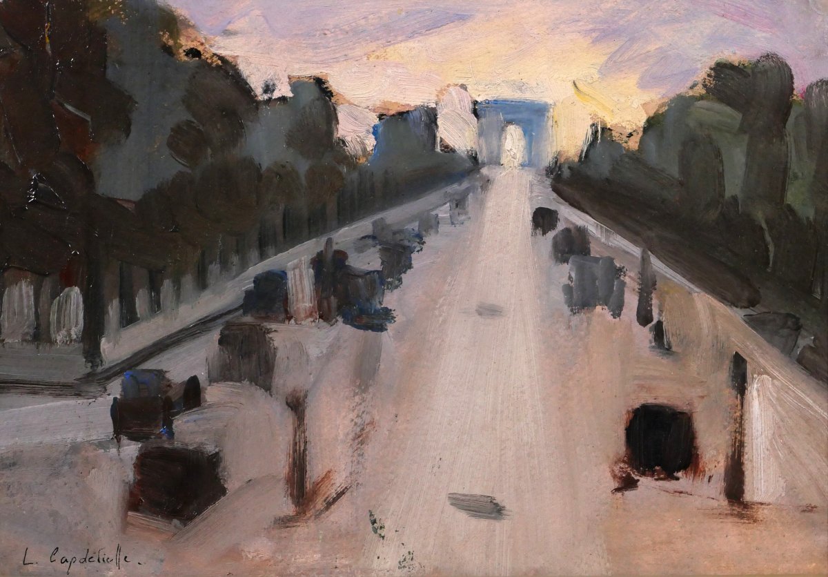 Lucienne CAPDEVIELLE 1885-1961 Paris, les Champs-Elysées, tableau, vers 1930 paysage Art Déco