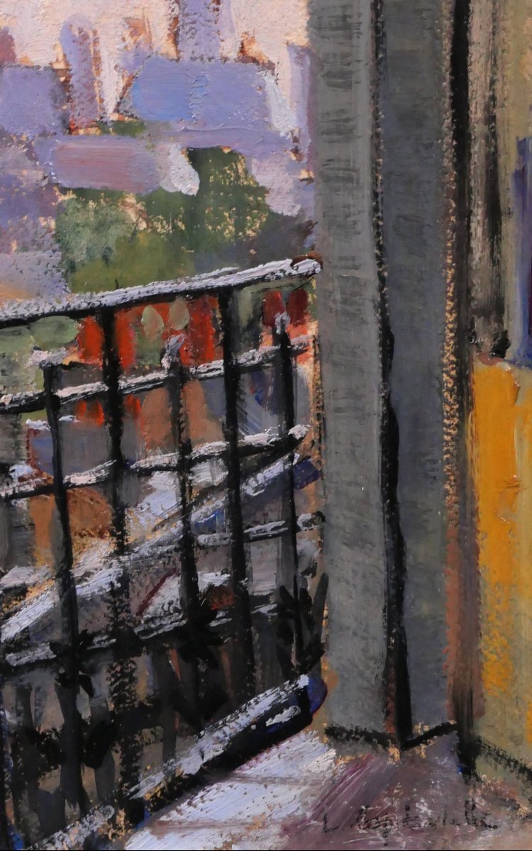 Lucienne CAPDEVIELLE 1885-1961 Paris depuis la fenêtre, tableau, vers 1930 paysage Art Déco-photo-3