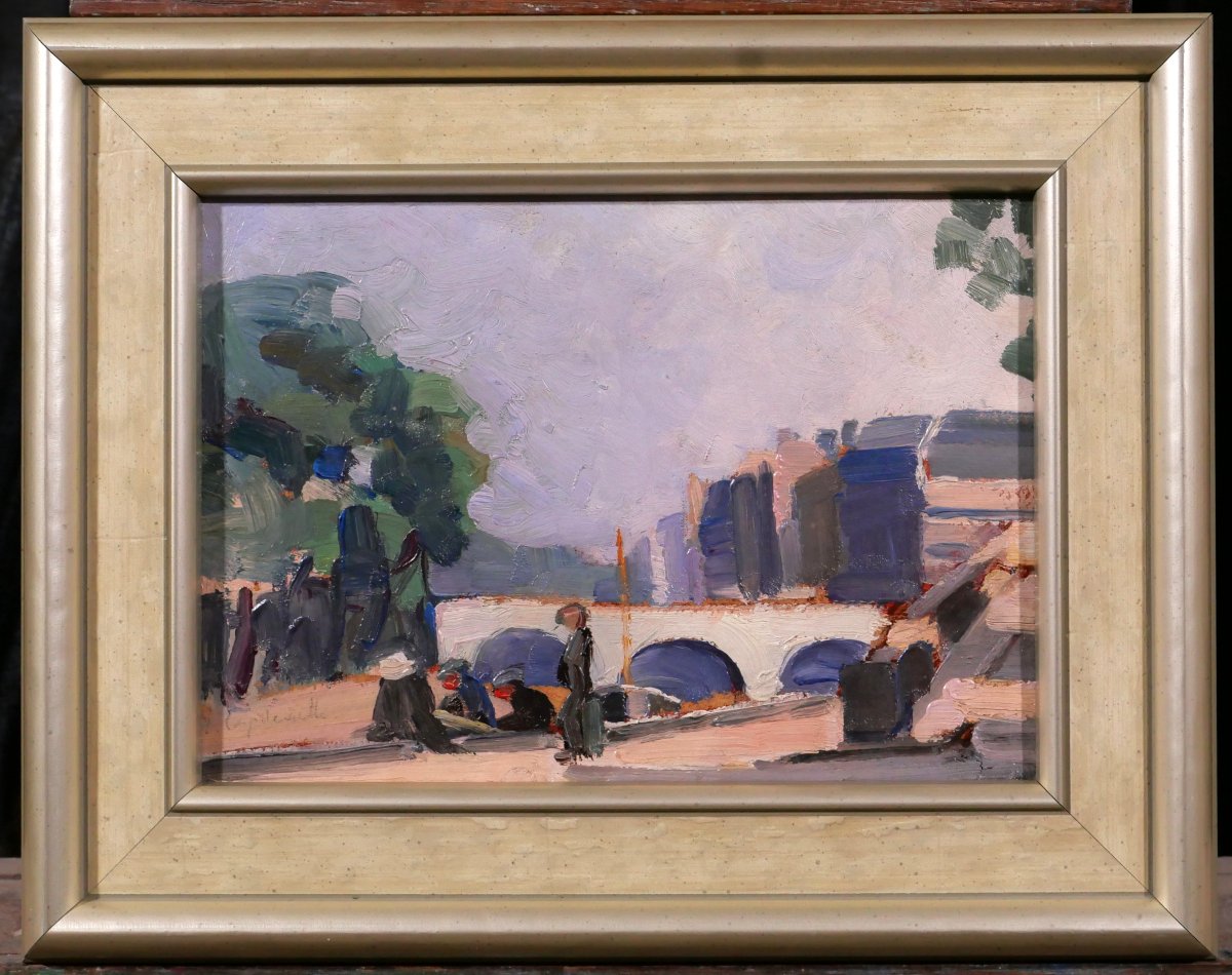 Lucienne Capdevielle 1885–1961 Paris, The Bridge, Painting, Ca. 1930, Art Deco Landscape-photo-2