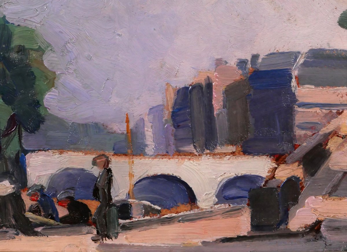 Lucienne Capdevielle 1885–1961 Paris, The Bridge, Painting, Ca. 1930, Art Deco Landscape-photo-3